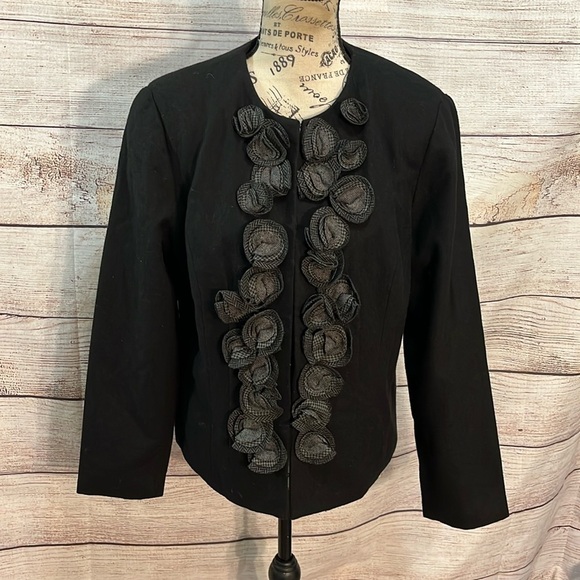 Coldwater Creek Blazer Jacket Fabric Rosettes Black Recycled Wool Artsy Size 10 - Picture 1 of 8